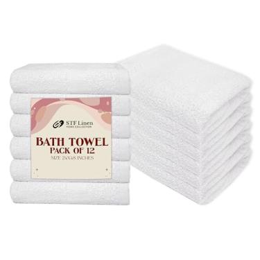 Imagem de STF Linen Pacote com 12 toalhas de banho brancas a granel 61 x 122 cm - toalhas de banho econômicas baratas para uso comercial, academia, salão, spa e cabelo - toalhas de banho leves de secagem rápida