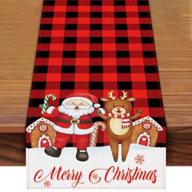 Imagem de Pedenty Caminho de Mesa de Natal 72x13" Decorações, Capa de Mesa Xadrez Vermelha de Linho e Estopa com Padrão de Rena Do Papai Noel para Festas Temáticas de Inverno e Natal, Decora (72 X 13 Polegadas)