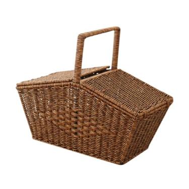 Imagem de WeiLaiKeQi Cesto e alça de, cesta de vime de imitação artesanal com tampa, cesta tecida para o verão, Marrom
