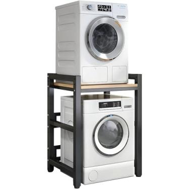 Imagem de Kit de empilhamento ajustável, lavadora e secadora de carga frontal - Rack portátil com capacidade de 400 kg - Unidade de armazenamento para lavadora de roupas, moldura preta + nogueira clara