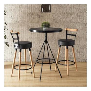 Imagem de Conjunto 1 Mesa Bistrô Tampo Madeira Maciça Redondo 2 Banquetas Moscou