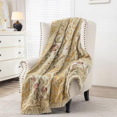 Imagem de Loom and Mill Cobertores de patchwork damasco para cama, manta floral jacquard com acabamento de franjas, cobertor macio e leve forrado de veludo para sofá e cadeira todas as estações (amarelo bege,