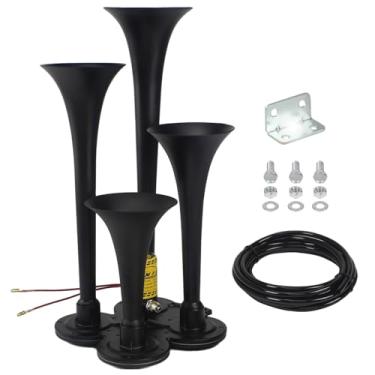 Imagem de GAMPRO Buzina de ar 160458 com 4 trompetes com válvula eletrônica, tubo de poliuretano de 3 m para qualquer veículo elétrico de 12 V 24 V, caminhões, carros, quadriciclos, SUV, etc