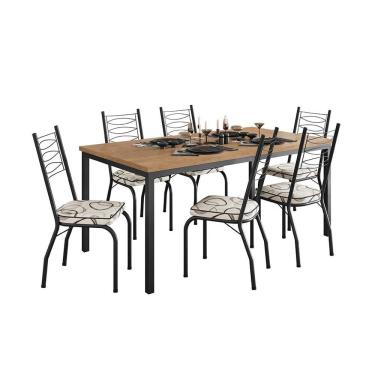 Imagem de Conjunto de Mesa Retangular com Tampo de MDP Amadeirado e 6 Cadeiras Adriana Revestimento Sintético Cedro e Preto