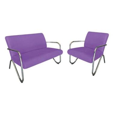 Imagem de Kit Namoradeira + Poltrona Decorativa Bela Suede Roxo Braço Cromado - 