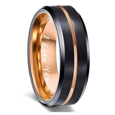 Imagem de Anel de tungstênio masculino Greenpod aliança de casamento 6 mm gravada 8 mm I Love You Thin Blue/Rose Gold/Black Centre Groove Comfort Fit tamanho 6-17