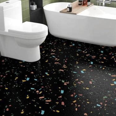 Imagem de WESTICK Pacote com 20 azulejos de piso de terraço preto autoadesivos coloridos de mármore escuro descasque e cole à prova d'água azulejos de vinil preto terraço para cozinha, quarto, sala de estar,