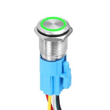 Imagem de DMiotech 1 peça de interruptor de botão de travamento de aço inoxidável de 3/10.2 cm 5 pinos 1NO1NC 5A 12-24V prata botão plano anel verde lâmpada com plugue soquete com fio para sistemas de barcos de