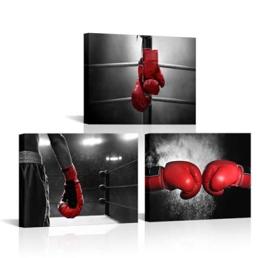 Imagem de Canvbay 3 peças de arte de parede em tela de boxe preto e branco vermelho luva de boxe pintura de imagem impressão de pôster esportivo para meninos homens quarto casa academia decoração de sala de