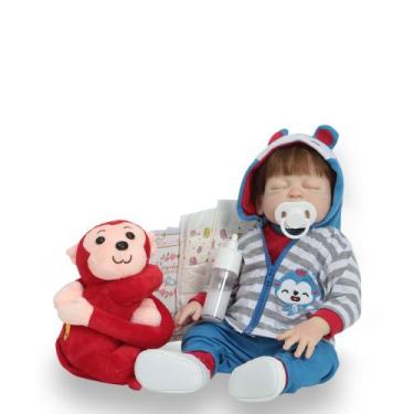 Imagem de Boneco Bebê Reborn Menino Cabelo Fio a Fio Roupa Macaco - Cegonha Rebo