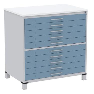 Imagem de Mapoteca 10 Gavetas Pandin 120cm (larg) Tampo Mdp Branco Estrutura Aço Cinza Gaveta Azul Dali