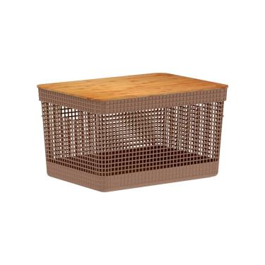 Imagem de Cesto Organizador com Tampa de Bambu Grid Marrom Amêndoa 20L - Ou
