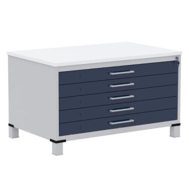 Imagem de Mapoteca 5 Gavetas Pandin 120 Cm (larg) Inmetro Tampo Mdp Branco Estrutura Aço Cinza Gavetas Azul