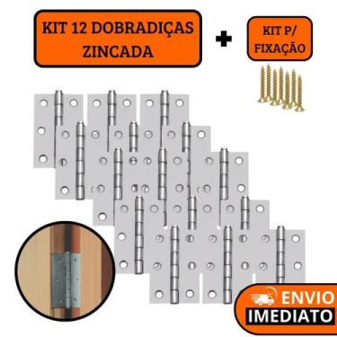 Imagem de Kit 12 Dobradiças Zincada Com Parafuso Para Porta De Madeira 7,6cm - O