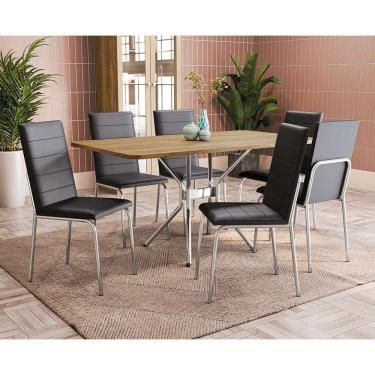 Imagem de Conjunto de Mesa Retangular com Tampo Marrom e 6 Cadeiras Mariel Revestimento Sintético Preto e Cromado