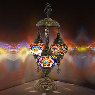 Imagem de MOZAIST Abajur de mesa turca, luminária boho, luz de mesa de mosaico de 3 globos, abajur decorativo Tiffany, lâmpada vintage colorida para quarto, sala de estar, quarto de crianças plugue EUA e soquete E12, mosaico misto