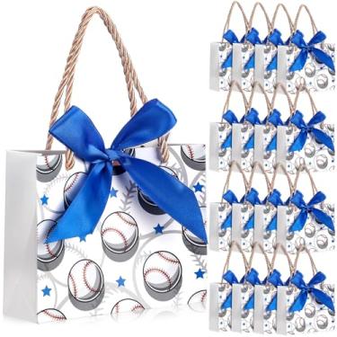 Imagem de TaoBary Pacote com 25 sacos de presente de beisebol a granel com alças pequenos sacos de papel temáticos esportivos de beisebol com laço para decoração de lembrancinhas de festa de aniversário, 14 x 6