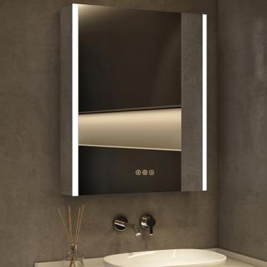 Imagem de HBEZON Armário de remédios com luzes LED e espelho, superfície de 61 x 76 cm ou armários de banheiro embutidos com porta, desembaçador, função de memória, modo de 3 cores, tomada e USB, regulador de