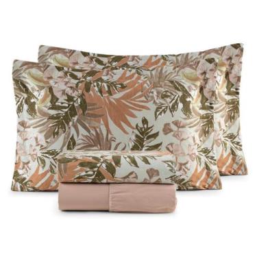 Imagem de Jogo Lençol Cama Queen 300 Fios Percal Algodão Estampado Com Aba - For