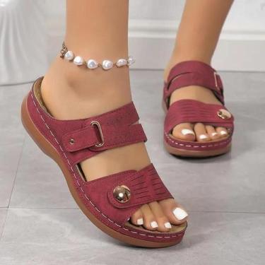 Imagem de Chinelos Femininos Casuais com Fivela e Salto Tipo Slingback, Vinho ve