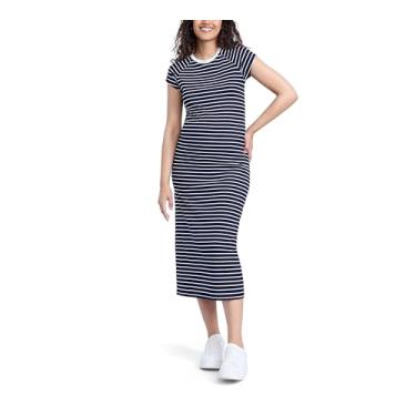 Imagem de Motherhood Maternity Vestido feminino colado ao corpo midi de malha canelada manga raglan, Casaco listrado branco, G