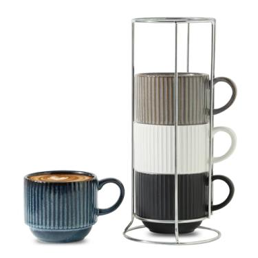 Imagem de Hasense Conjunto de 4 xícaras de café com suporte, canecas de café empilháveis de 425 g com alça para chá, cacau, cappuccino, latte e americano, xícaras de café listradas verticais de porcelana para