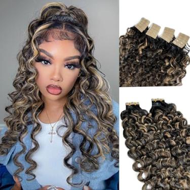 Imagem de Smavida Mechas Com Fita Adesiva Para Extensões De Cabelo Humano Mulheres, Onda D'Água, Ombré, Preto, Desbotamento Loiro Caramelo, Mechas, Cabeça Inteira, Real