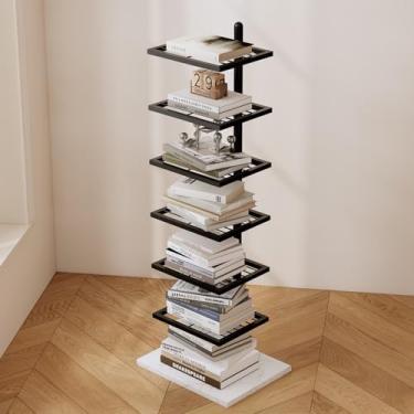 Imagem de BUZUEY Torre de livros de metal, estante vertical de 6 camadas com base de mármore, estante invisível para espaços pequenos, estante estreita para livros, estante fina para casa