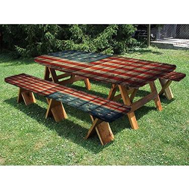 Imagem de Toalha de mesa rústica para piquenique e banco de poliéster com bandeira americana de 183 cm, Dia da Independência de 4 de julho pintada em madeira velha, conjunto de 3 peças, perfeita para festas ao