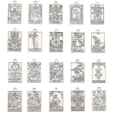 Imagem de SUNNYCLUE 1 caixa com 40 peças, 20 estilos, pingentes de tarô prateados, pingentes de tarô a granel, prata, antigo, estilo tibetano, retangular, lua, sol, estrela, sorte, ouijas, Halloween, pingentes