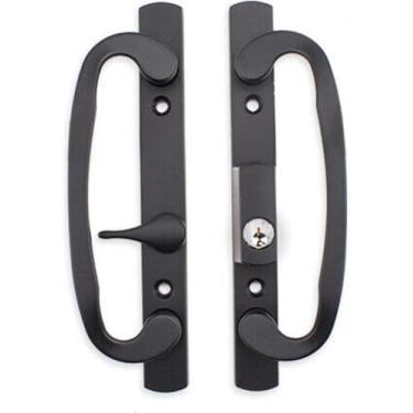 Imagem de Wynn Hardware Conjunto de maçaneta preta de porta de vidro deslizante de 21,6 cm com chaves - Controles de faixa 2265 trava com chave - Serve para espaçamento de orifício de parafuso de 3-15/40.6 cm e