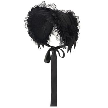 Imagem de CUNLLY Chapéu de palha vintage gótico vitoriano de renda para festa do chá Lolita meninas flores chapéu preto, Preto com rosa preta, tamanho �nico