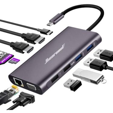 Imagem de Hiearcool Estação de encaixe USB C para laptop, hub USBC com tela tripla 11 em 1, adaptador multiporta com 2 HDMI VGA, dongle de encaixe USB-C compatível com laptops Dell, HP, Lenovo e Windows