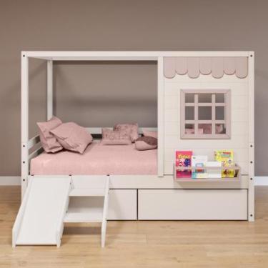 Imagem de Cama Casinha Gavetas Escorregador Madeira Branco-Rosa - Housin