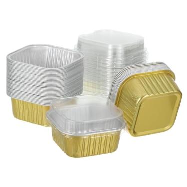Imagem de HARFINGTON Pacote com 40 mini formas de bolo descartáveis de 142 g com tampas, folha de alumínio dourada, quadrada, para assar cupcake, copos de sobremesa, lata para festa de aniversário