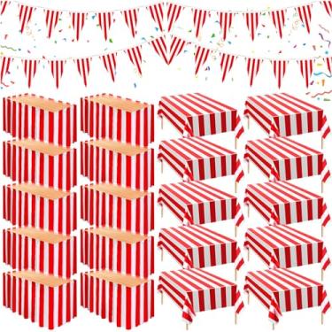 Imagem de Chumia 25 peças de decorações de festa com tema de carnaval, decorações de circo, saias de mesa de carnaval, toalhas de mesa vermelhas e brancas listradas, faixas de flâmulas de circo de carnaval para
