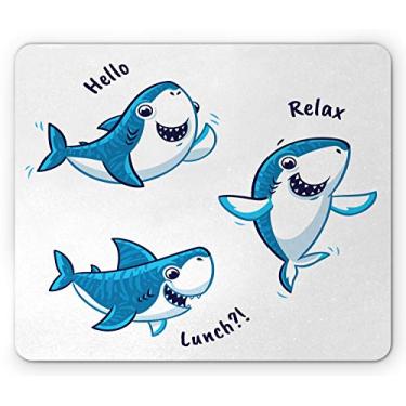 Imagem de Lunarable Mouse pad tubarão, personagens de peixes de desenho animado com letras Hello Relax Lunch, mousepad retangular de borracha antiderrapante, tamanho padrão, azul marinho branco