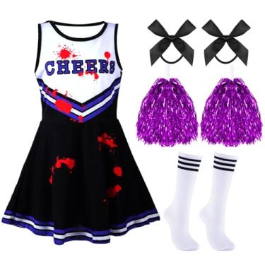 Imagem de Didaey 6 Pcs Halloween Girl Zombie Costume Kids Cheerleader Costume Scary Bloody Halloween Party Cosplay (Black, Purple,S)