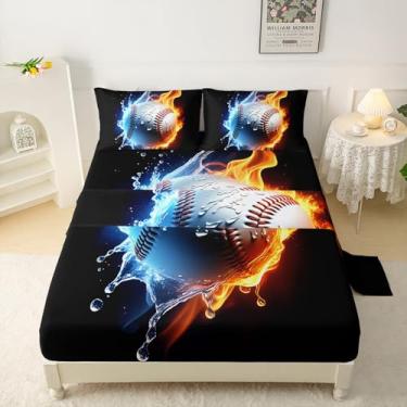 Imagem de QOOMO Jogo de lençol casal de beisebol infantil, com bolso profundo de 40,6 cm, estampa de fogo e água, macio e respirável para meninos/meninas/crianças/adolescentes