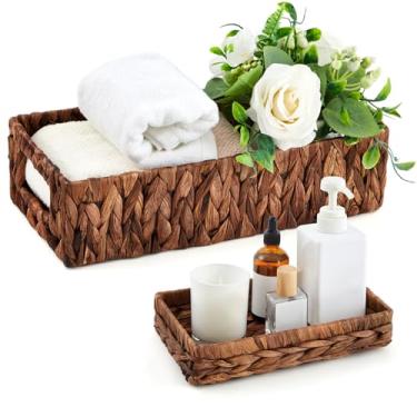 Imagem de Teenyyou Conjunto de cesto de banheiro de vime e bandeja de penteadeira - Bandeja decorativa de vime para bancada, cesta de armazenamento para toalha de mão de papel, banheiro, casa, spa (marrom