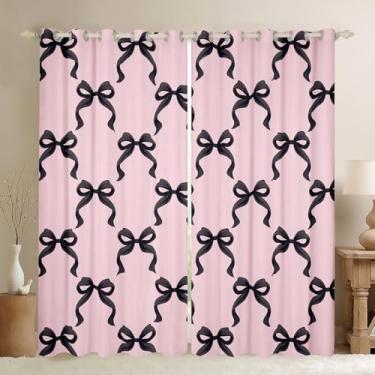 Imagem de Cortinas de janela com laço preto, estilo princesa, rosa, preta, cortina de janela para decoração de quarto, cortina de retalhos com laço cruzado de conto de fadas sonhador de 2 painéis para