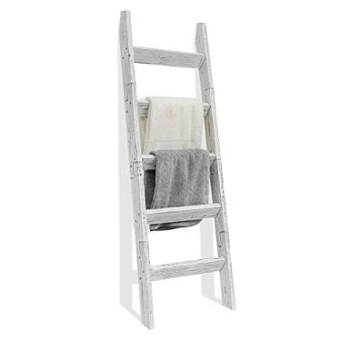 Imagem de FUIN Cobertor de parede decorativo de madeira de 1,5 m (147,3 cm) escadas armazenamento de banheiro colcha suporte de exibição de toalha rústico casa de fazenda rústica, branco