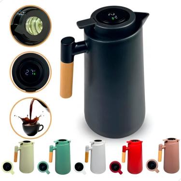 Imagem de Garrafa Térmica Jarra Inox 1 Litro Café Chá Cabo Madeira Preto