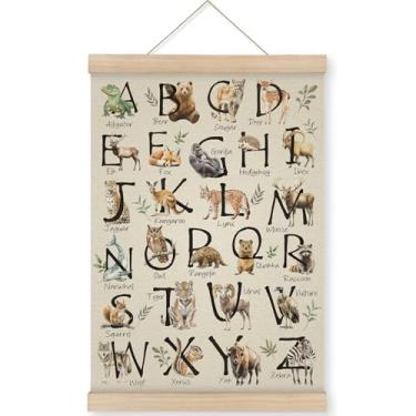 Imagem de Pôster de arte de parede de animais com gráfico de alfabeto ABC, faixa educativa para pendurar na parede, decoração de parede para sala de jogos infantil, moldura de madeira para decoração de sala de