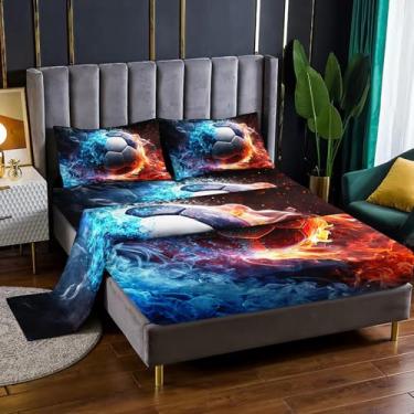 Imagem de XYNHML Jogo de cama solteiro com tema de futebol, 4 peças, para crianças, adolescentes, meninas, meninos, adultos, bola esportiva, jogo de gelo e fogo, decoração de quarto de futebol com 1 lençol de