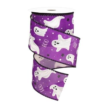 Imagem de Whaline Fita de Halloween com fio de borda fofa Ghost Boo fitas de embrulho de tecido roxo para decoração de festa de guirlanda de laço, 6 cm, 10 jardas