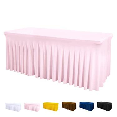 Imagem de Jieqier Capa de mesa e saia de mesa peça única para mesas dobráveis, toalha de mesa de elastano de 1,8 m com saia de babados para casamentos, banquetes, chás de bebê, festas, vendedores (rosa)