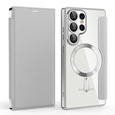 Imagem de HJZSZX Para Galaxy S24Ultra Magnético Luxo Cor Sólida Couro Flip Carteira Slot Para Cartão Capa de Telefone (Para Galaxy S24Ultra/Cinza)