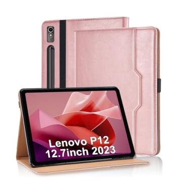 Imagem de Varohix Capa para Lenovo Tab P12 12,7 polegadas 2024 (Modelo: TB370FU) - Suporte de visualização multiângulo com capa de alça de mão, ouro rosa