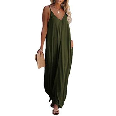 Imagem de Poetsky Vestido feminino casual com alças e gola V, sem mangas, bolsos soltos, longo, maxi vestido de praia, A-Army Green, XXG